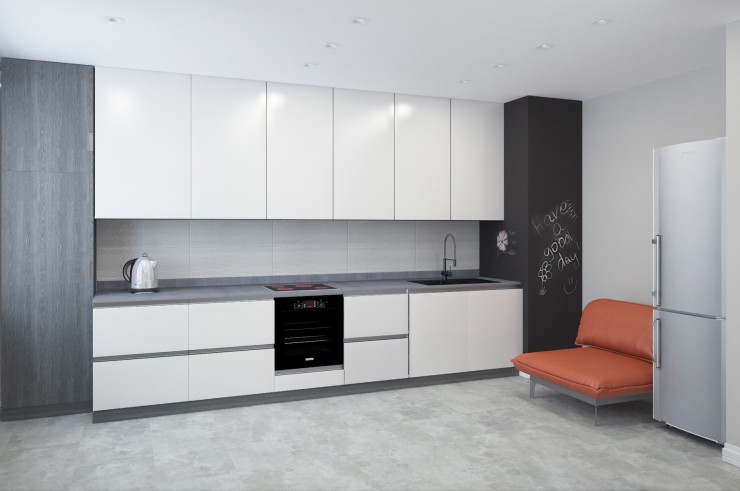 white and orange interior kitchen